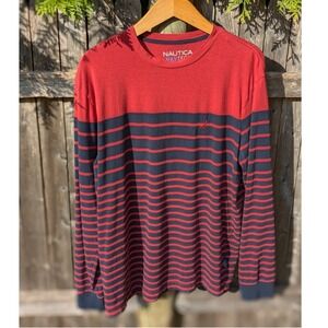 Nautica Navtech Men's L Red Navy Striped Long Sleeve Performance Shirt‎